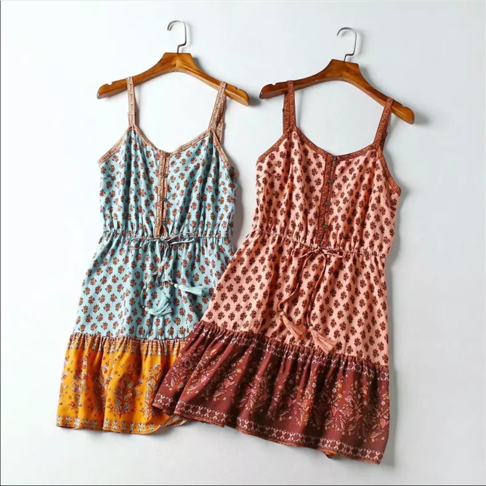 Boho Floral Gypsy Print Dress Blue Teal Orange - Picture 12 of 12
